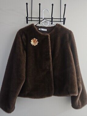 Zara Dark Brown Faux Fur Cropped Jacket with Rose Gold Floral Pin